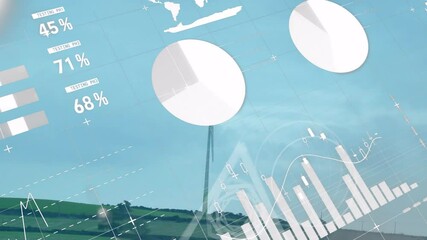 Poster - Wind turbine and landscape with data charts and graphs overlay animation