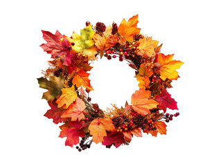 Wall Mural - This image shows a beautifully crafted autumn wreath decorated with colorful leaves and berries.