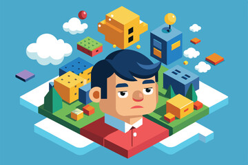 Poster - a person reflects thoughtfully in front of a vibrant isometric cityscape filled with colorful buildi