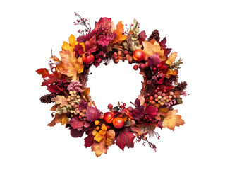 Wall Mural - This vibrant image showcases a circular wreath decorated with colorful autumn foliage and fruits.