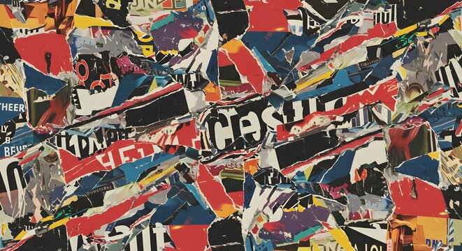 Assemble a dynamic collage combining hand-cut images, textures, and typography. Incorporate elements that appear to be in motion, reflecting the ever-changing nature of modern media and culture.