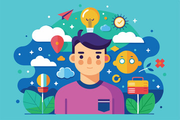 Poster - A person surrounded by colorful icons representing thoughts, ideas, and creativity in a whimsical design, Thoughts Customizable Flat Illustration