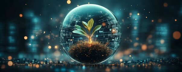 Poster - A glowing seedling inside a transparent sphere, symbolizing growth and innovation amidst a digital backdrop.