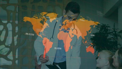 Poster - Doctor consulting patient with global map and data overlay animation