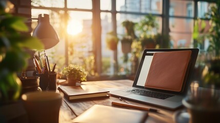 Aufkleber - Cozy workspace featuring a laptop, notebooks, and plants bathed in warm sunlight during late afternoon