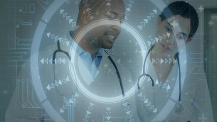 Poster - Discussing data, medical professionals using animation with futuristic digital interface