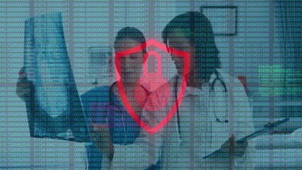 Poster - Digital security lock animation over people working with data on transparent screen