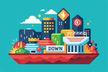 Poster - a colorful cityscape features buildings and playful elements, presenting a lively urban atmosphere a