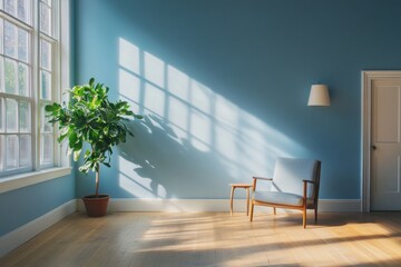 Poster - Empty room with blue walls, a wooden floor and sunlight coming through the window. There is one plant on the floor and a chair next to it. The style is minimalistic and simple