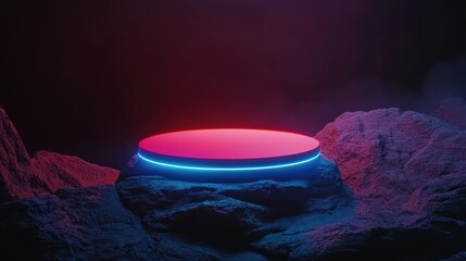 Poster - Futuristic Glowing Circular Podium on Rocky Surface with Ethereal Lighting and Neon Accents