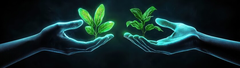 Poster - Hands Holding Holographic Plants in a Futuristic Digital Environment