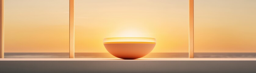 Poster - Futuristic Holographic Showcase Concept with Floating Bowl at Sunset Overlooking Ocean