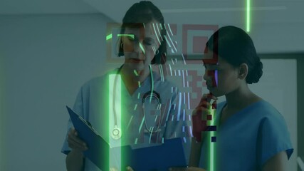 Poster - Reviewing documents with digital data overlay, healthcare professionals in discussion