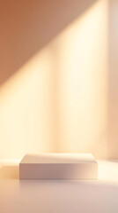 Leinwandbilder - Empty white pedestal illuminated by sunlight beams creating shadows, perfect for showcasing products on pastel background