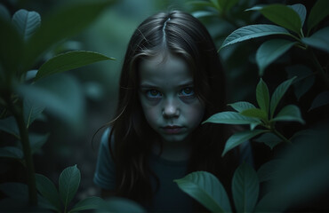 Poster - A Girl Emerges From Dark Foliage With An Intense Gaze That Pulls Observers Into An Enigmatic Realm Where Shadows Rule And Light Is Eerily Absent.