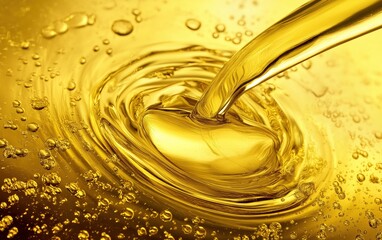 Poster - Golden liquid flows into a clear surface, creating ripples and bubbles. light reflects off the radiant liquid, captivating attention and highlighting its rich color
