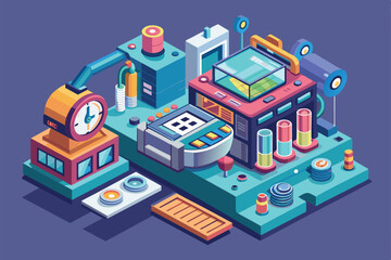 Poster - A vibrant isometric design features a customizable time machine filled with colorful instruments and controls, Time machine Customizable Isometric Illustration