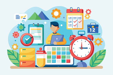 Fototapete - A person organizes tasks using a laptop, surrounded by clocks, calendars, and charts for better efficiency, Time management and scheduling,