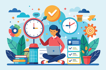 Poster - a person focuses on time management using a laptop while surrounded by clocks, tasks, and plants, ti