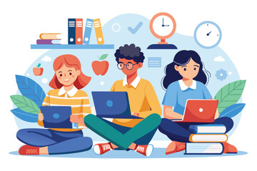 Poster - Three students are immersed in their studies, using laptops amidst a vibrant backdrop of books and decor, Time to learn, Students are sitting and studying using laptops
