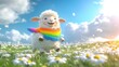 © muhammad - Happy sheep with rainbow scarf in a daisy field