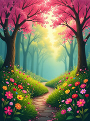 Poster - Vibrant Hues And Lush Greenery Burst Forth In A Radiant Symphony Of Color And Light, Embodying Unbridled Optimism In The Spring Landscape.