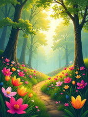 Poster - Vibrant Hues And Lush Greenery Burst Forth In A Radiant Symphony Of Color And Light, Embodying Unbridled Optimism In The Spring Landscape.