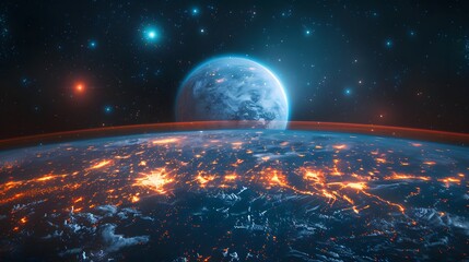 Wall Mural - Distant Exoplanet View. Lights, Planet Surface and Cosmic Wonder in Space