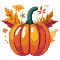 Poster - Autumn's Bounty: A Vibrant Pumpkin Surrounded by Colorful Leaves and Flowers, Celebrating the Season's Beauty
