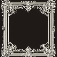 Fototapete - Elegant Baroque Frame with Floral Ornaments on Black Background: A Decorative Design Element for Creative Projects