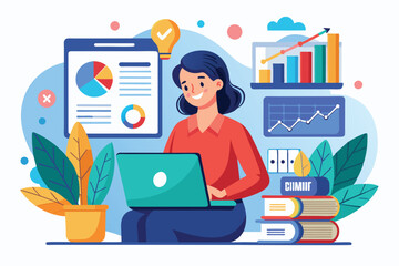 Poster - a woman focused on reviewing business data on her laptop surrounded by colorful charts and books, ti