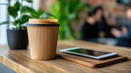 Poster - Coffee break with digital tablet and cappuccino in cozy cafe