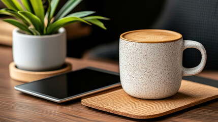 Poster - Coffee mug sitting on wooden coaster near tablet and plant on desk