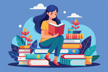 Poster - A woman sits comfortably on a vibrant stack of books, deeply engaged in her reading amid decorative plants, Tiny woman reading a book between pile of books