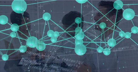 Poster - In office, people discussing with network of connections and data processing animation