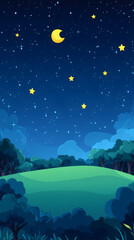Poster - Moonlit green hillside glowing under starry sky, silhouetted trees framing nocturnal scenic landscape