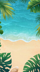 Poster - Tropical beach with palm and monstera leaves bordering crystal clear water, ideal for summer vacation advertising