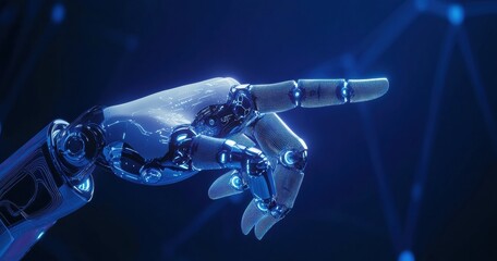 Aufkleber - Robot hand pointing finger on dark blue technology background