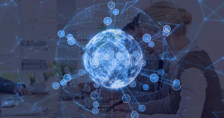 Poster - Digital network connections animation over people working in modern office setting