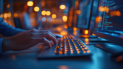 Leinwandbilder - Software developer programming on computer in office at night