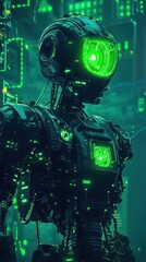 Poster - Futuristic Robot Displays Intricate Details With Glowing Green Lights