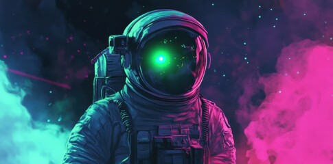 Poster - An astronaut in a spacesuit observes a nebula with green light