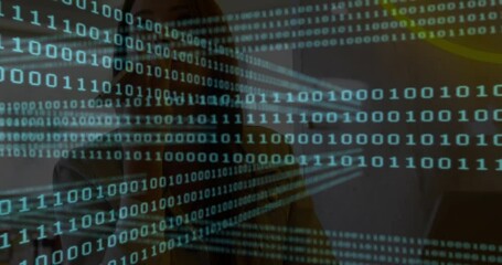 Poster - In school, person working on computer with binary code animation overlaying screen