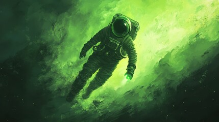 Poster - An astronaut floating through swirling green space with a glowing light
