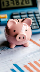 Poster - Pink piggy bank resting on financial report, calculator displaying numbers, symbolizing personal finance and money-saving strategy