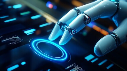 Poster - Futuristic Robotic Hand Interacting with Advanced Digital Interface Technology Screen Blue Neon Lights Innovative Artificial Intelligence Concept     