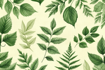 Poster - Green leaves and fern branches forming a botanical pattern on light yellow background