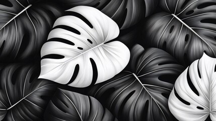 Poster - Black and white monstera leaves creating tropical pattern