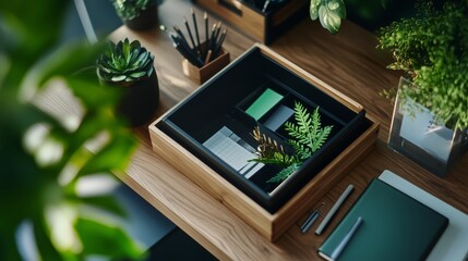 Poster - Creative workspace with organized desk, lush plants, and stationery on a sunny afternoon