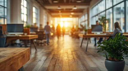 Poster - Coworkers walking in corridor of modern office at sunset